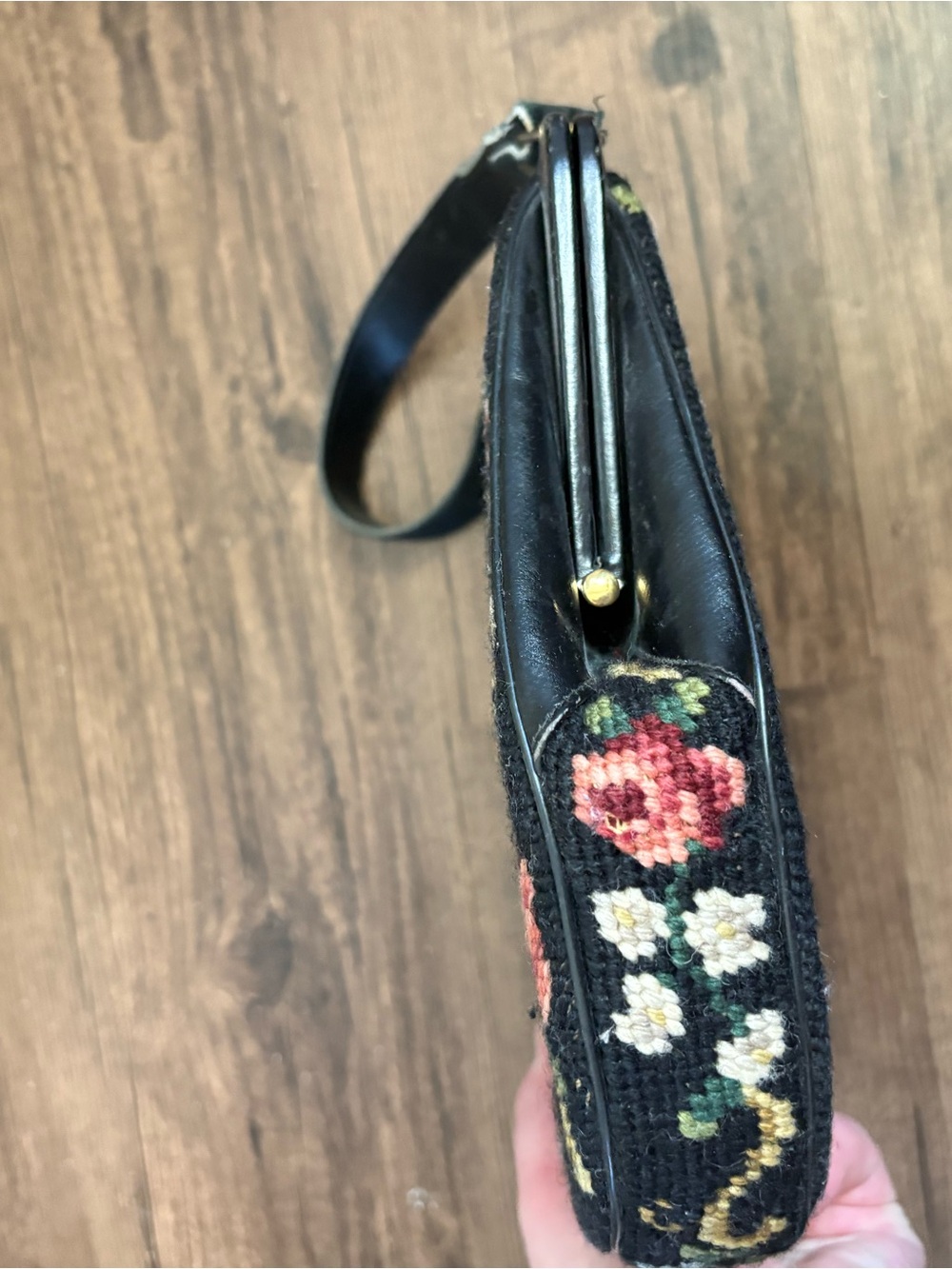 Black Floral Needlepoint Shoulder Bag with Vintage Clasp - Picture 5 of 10